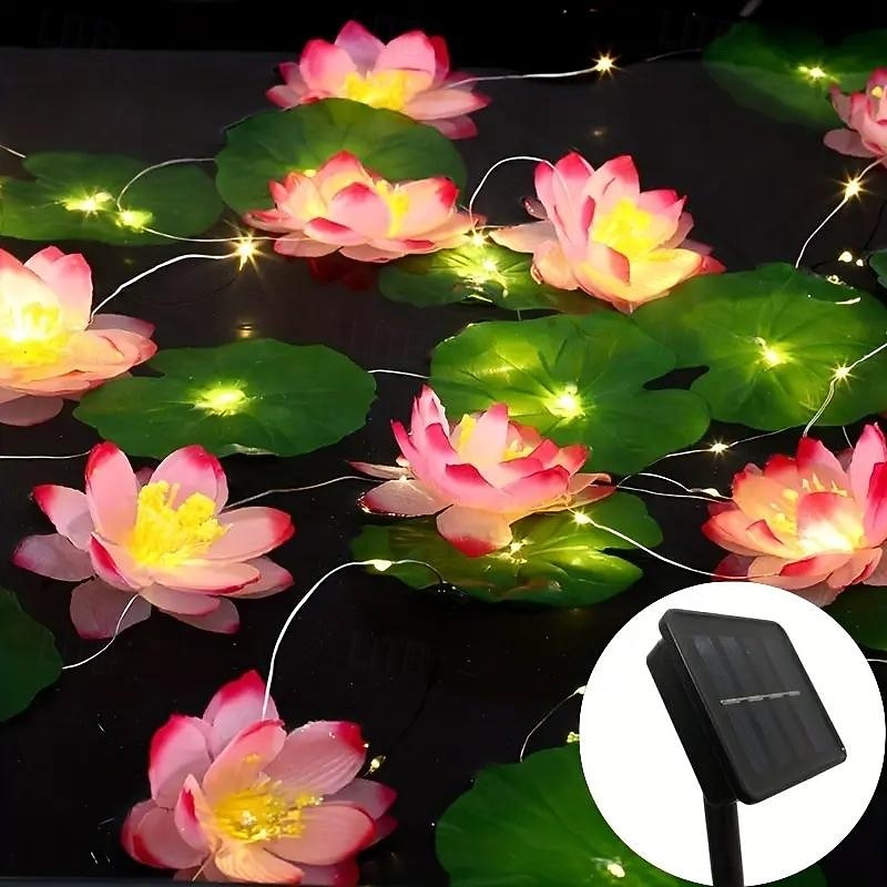 Solar Artifical Lotus Flower String Lights 2m 20leds 5m 50leds Outdoor Waterproof LED Night Lights For Pool Lotus Lamp Garden Pond Fountain Christmas Party Decor(5/12 Lotus)2