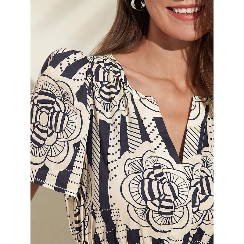 Cotton Striped V Neck Floral Puff Sleeve Dress3