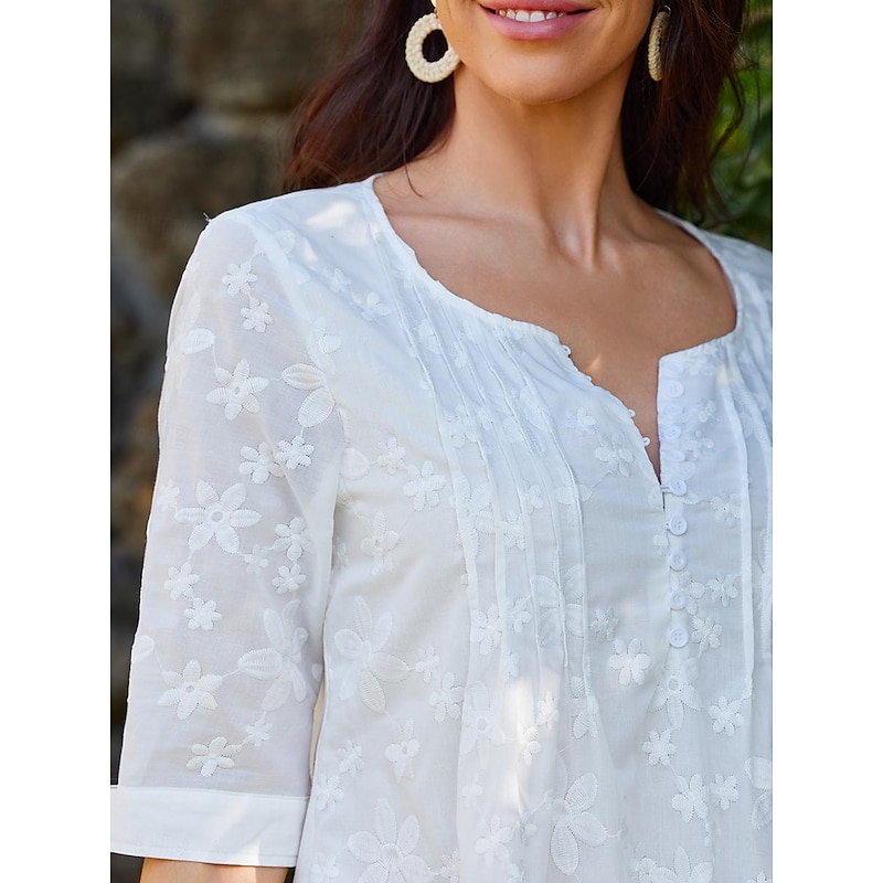 Women's Cotton Dress Sundress White Floral Midi Dress V-Neck Elegant Empire Waist Short Sleeve Ruched Pocket Summer Spring 2024 White Blue Green2