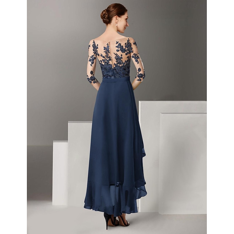 A-Line Mother of the Bride Dress Formal Wedding Guest Elegant High Low Off Shoulder Ankle Length Chiffon Lace Half Sleeve with Pleats Appliques2
