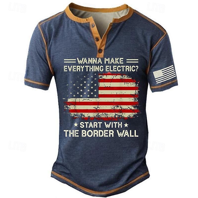 Men's Short Sleeve Henley T-Shirt with American Flag Graphic and Political Humor Print, Vintage Distressed Design - Main Image