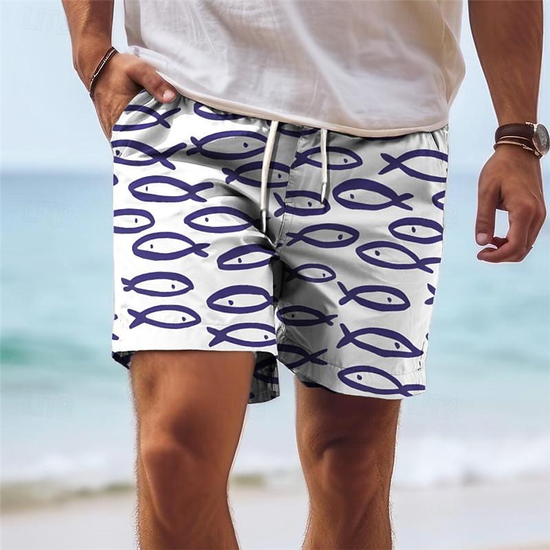 Men's Fish Swim Trunks Swim Shorts Board Shorts Mid Waist Vacation Hawaiian Holiday Vacation Holiday Beach Drawstring with Mesh lining Elastic Waist Designer Clothing Apparel