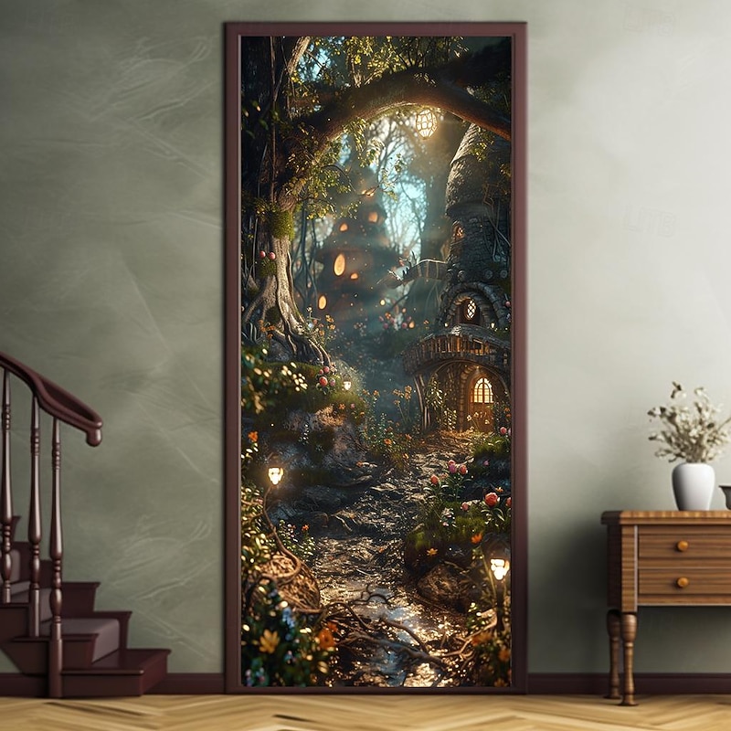 Forest Misty Cave Door Covers Mural Decor Door Tapestry Door Curtain Decoration Backdrop Door Banner Removable for Front Door Indoor Outdoor Home Room Decoration Farmhouse Decor Supplies2