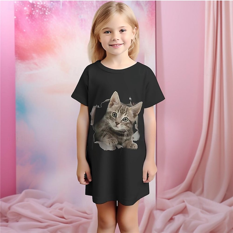 Girls' 3D Cat Pajamas Nightdress Short Sleeve 3D Print Summer Active Fashion Cute Kids 3-12 Years Crew Neck Home Causal Indoor Regular Fit3