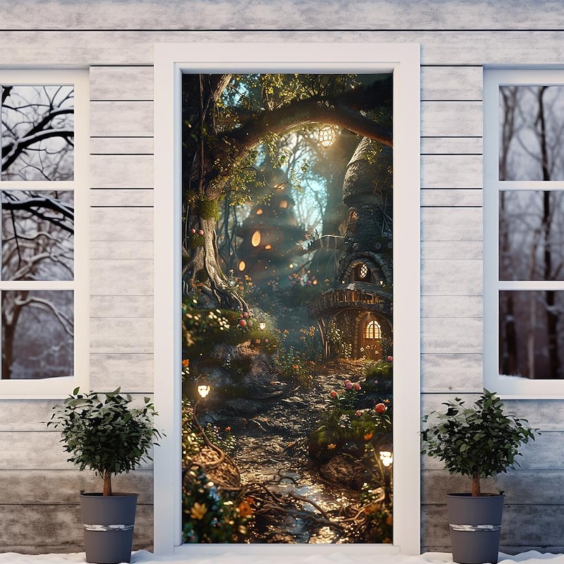 Forest Misty Cave Door Covers Mural Decor Door Tapestry Door Curtain Decoration Backdrop Door Banner Removable for Front Door Indoor Outdoor Home Room Decoration Farmhouse Decor Supplies4