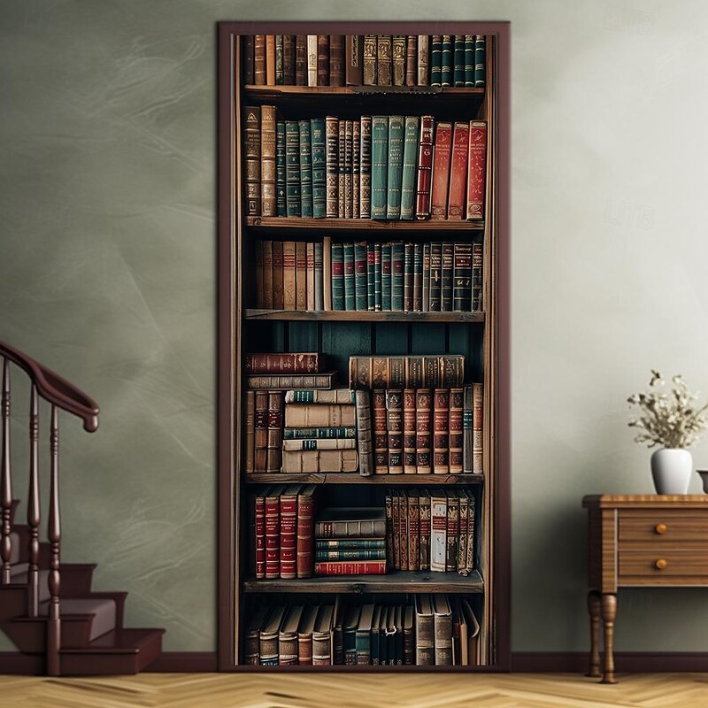 Vintage Bookshelf Door Covers Mural Decor Door Tapestry Door Curtain Decoration Backdrop Door Banner Removable for Front Door Indoor Outdoor Home Room Decoration Farmhouse Decor Supplies4