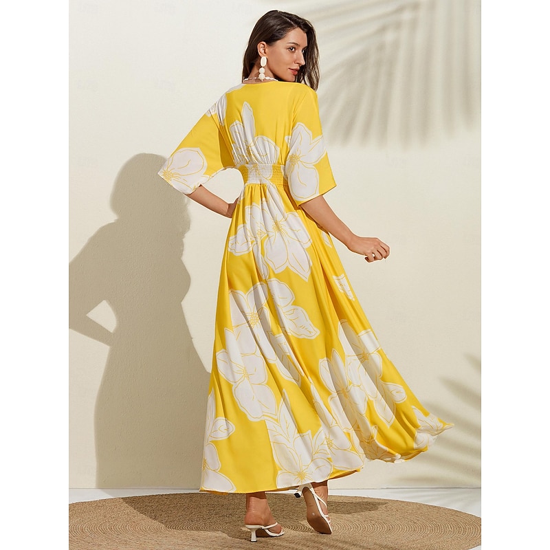 Satin Yellow Flower Print Corset Beach Dress2