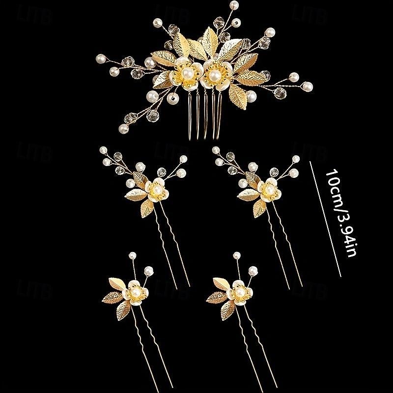 5pcs Golden Leaf Hairpin Flower Pearl Bridal Hair Fork Headwear Vintage Wedding Women's Elegant Decoration Hair Accessories2