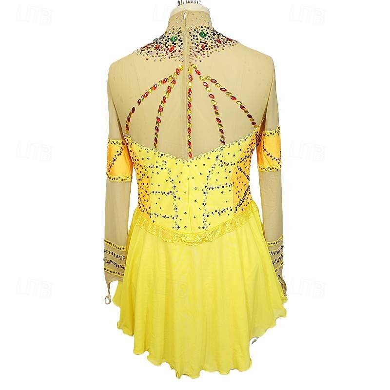 Figure Skating Dress Women's Girls' Ice Skating Dress Yellow Patchwork Thumbhole Mesh Spandex Stretchy Training Practice Professional Skating Wear Crystal / Rhinestone Long Sleeve Ice Skating Figure2