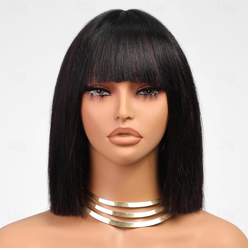 Highlight Bob Wig With Bangs Short Straight Human Hair Full Machine Made Hair Bob Wigs Ombre None Lace Front Wig For Black Women 12INCH4