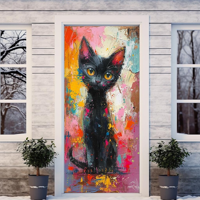 Painting Cat Animal Door Covers Mural Decor Door Tapestry Door Curtain Decoration Backdrop Door Banner Removable for Front Door Indoor Outdoor Home Room Decoration Farmhouse Decor Supplies4