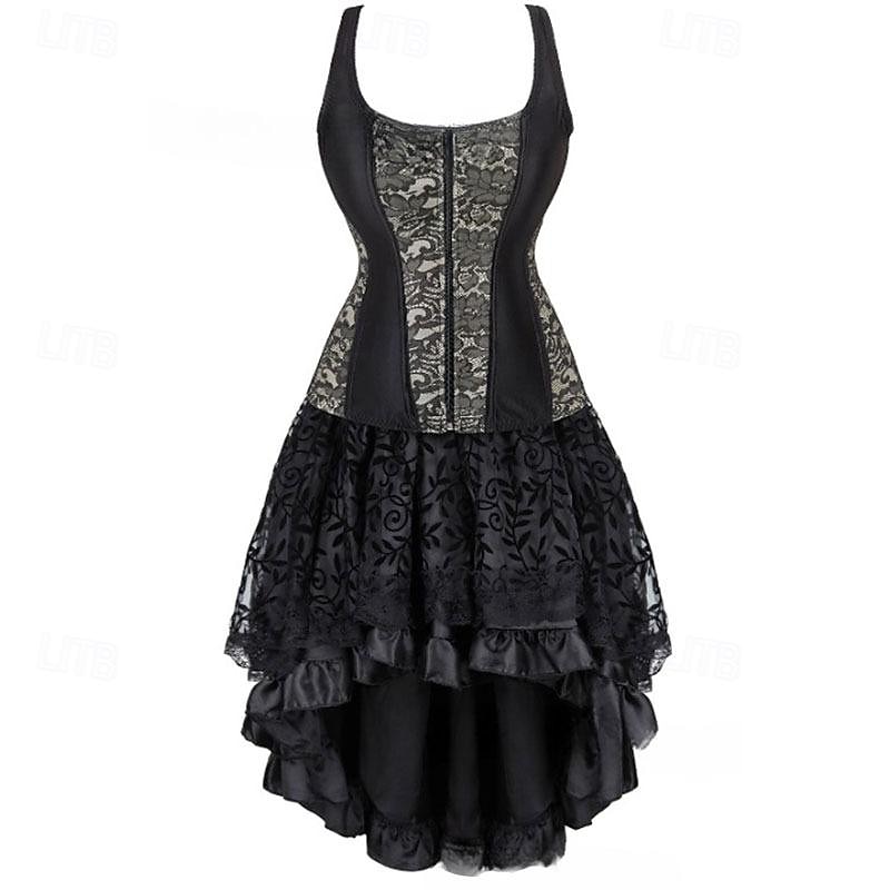 Retro Vintage Rococo Punk & Gothic Short / Mini Dress Overbust Corset Bustier Witch Jacquard Lace Off Shoulder Fancy Dress Women's Fantasy Steampunk Walpurgis Night Halloween Carnival Masquerade4