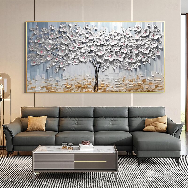 Oil Painting hand painted  White Flower Oil Painting On Canvas Abstract 3D Blossom Painting Blooming Floral Painting Large Wall Art painting fopr Living Room Wall Decor