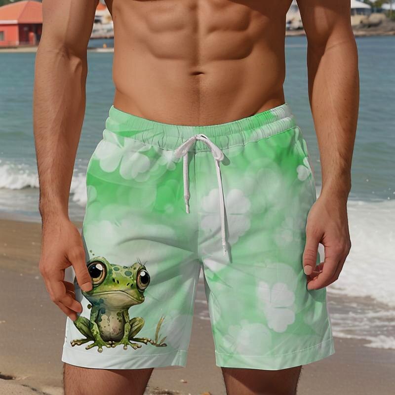 St. Patrick Day Men's Animal Four Leaf Clover Frog Swim Trunks Swim Shorts Board Shorts Mid Waist Vacation Hawaiian Holiday Vacation Holiday Beach Drawstring with Mesh lining Elastic Waist Designer