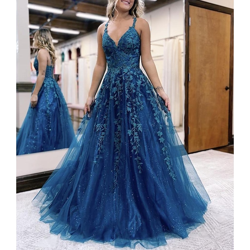 Ball Gown A-Line Prom Dresses Sparkle & Shine Dress Formal Wedding Party Floor Length Sleeveless V Neck Tulle Backless with Glitter Appliques