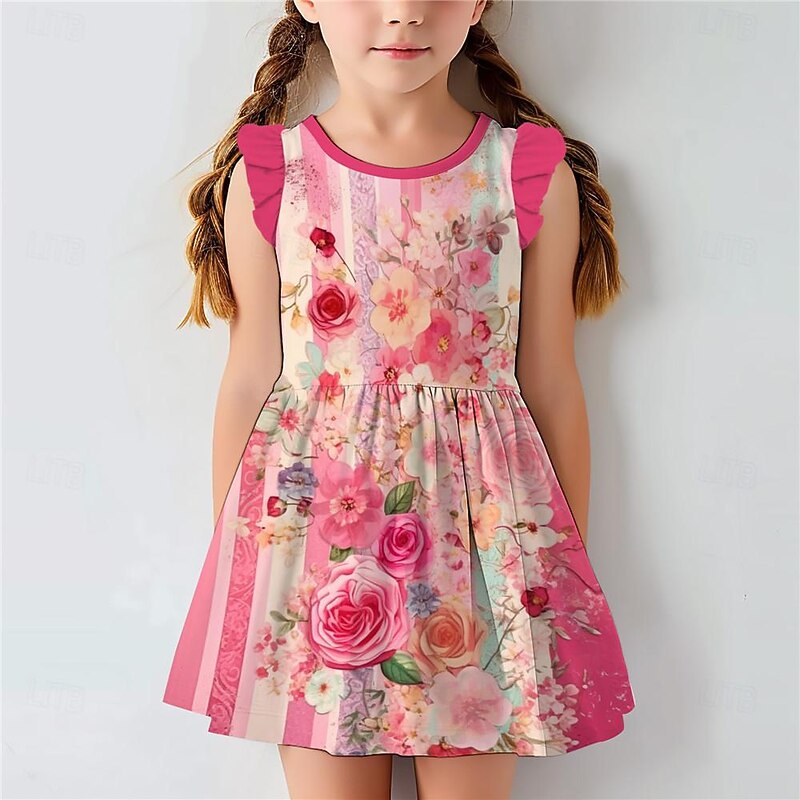 Easter Girls' 3D Floral Ruffle Dress Pink Sleeveless 3D Print Summer Daily Holiday Casual Beautiful Kids 3-12 Years Casual Dress Tank Dress Above Knee Regular Fit3