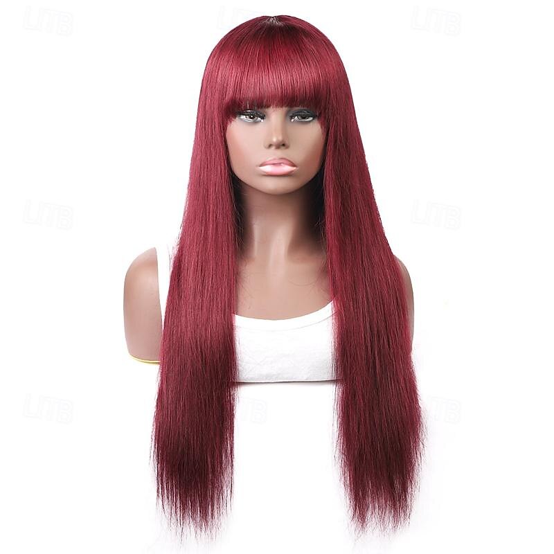 99J Wig Burg Red Bone Straight Human Hair Wig With Bangs For Women Brazilian Remy Hair Colored Halloween Cosplay Wigs2