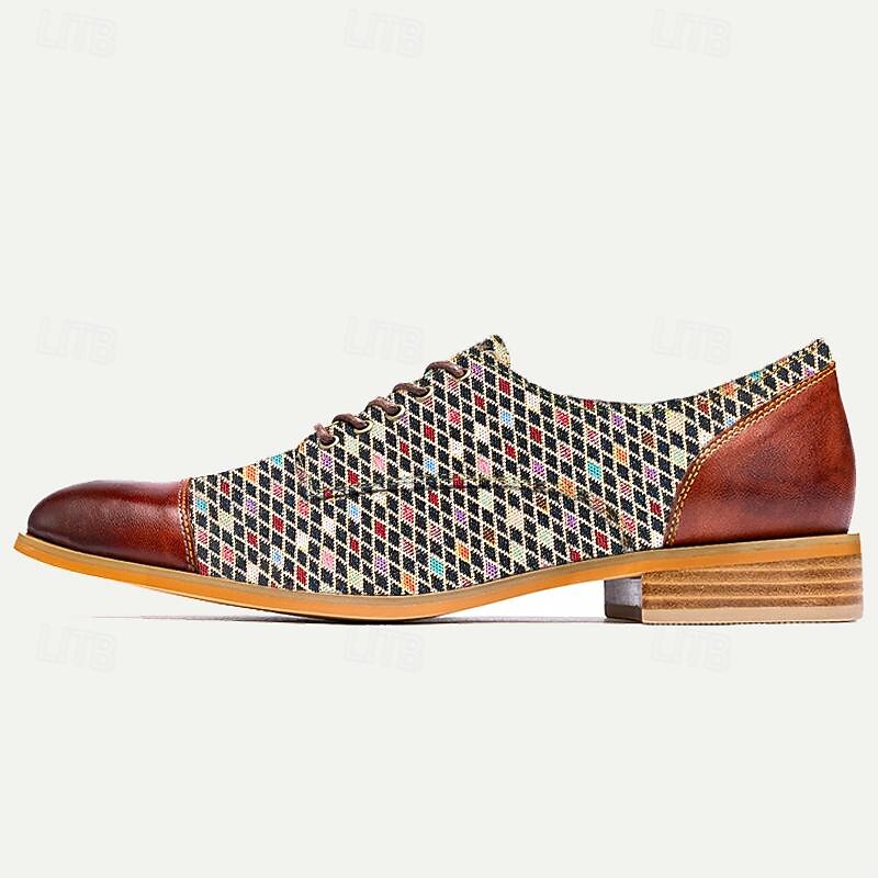 Men's Premium Cowhide Leather Lace-Up Oxford Shoes – Vintage Diamond Patterned Design with Brown Leather Accents, Ideal for Formal and Casual Occasions4