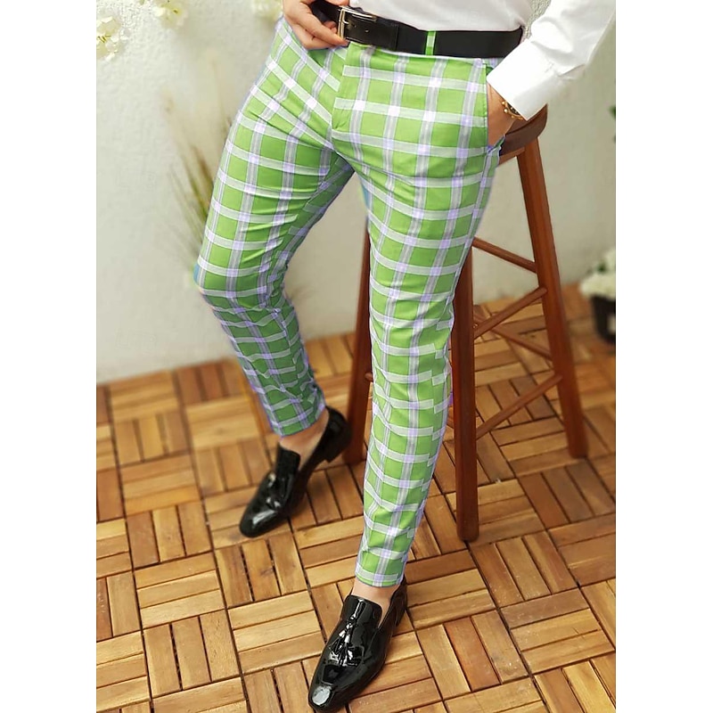 Men's Trousers Chinos Chino Pants Plaid Dress Pants Print Lattice Full Length Casual Daily Casual Trousers White & Blue Purple Micro-elastic3