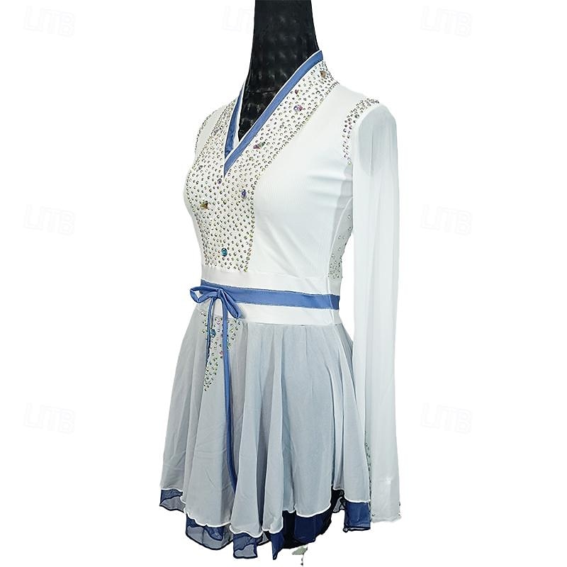 Figure Skating Dress Women's Girls' Ice Skating Dress White Patchwork Asymmetric Hem Mesh Spandex Stretchy Training Practice Professional Skating Wear Crystal / Rhinestone Long Sleeve Ice Skating4