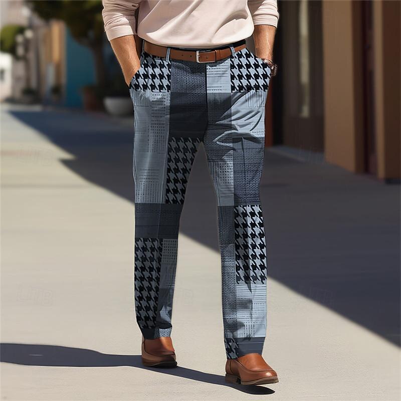 Houndstooth Business Casual Men's Business 3D Printed Dress Pants Flat Front Straight-Leg Relaxed-fit Polyester Medium Waist Pants Outdoor Street Wear to Work Daily Wear S TO 3XL3