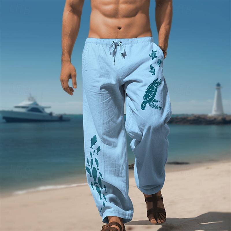 Men's Animal Fish Turtle Linen Pants Pants Trousers Baggy Pants Mid Waist Vacation Hawaiian Outdoor Daily Wear Streetwear Elastic Drawstring Design Fall & Winter Blue Green Khaki3