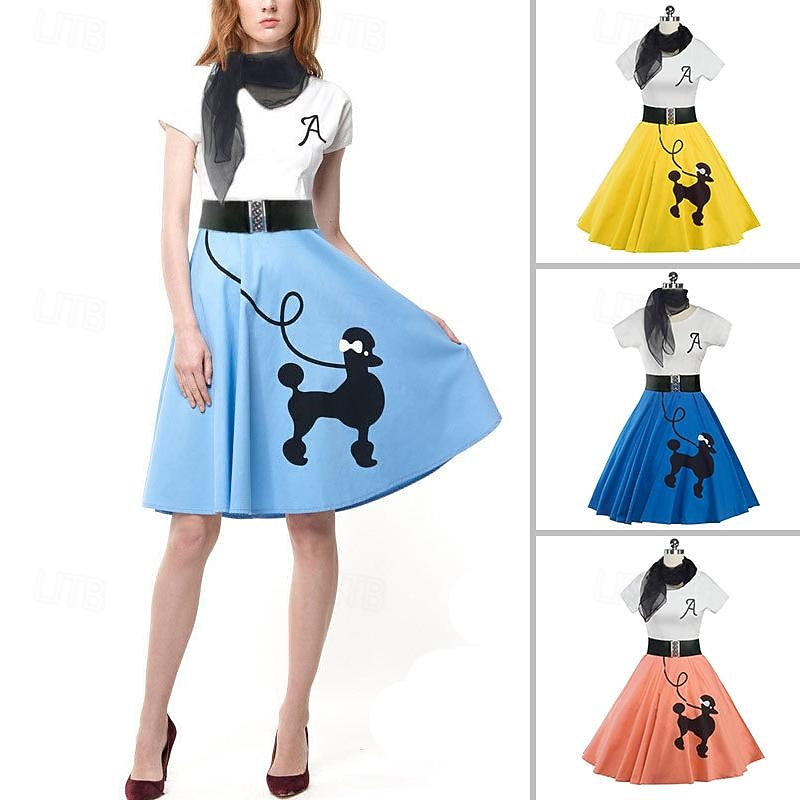 Retro Vintage 1950s Grease Outfits Dress Outfits Poodle Skirts Printing Fancy Dress Women's Carnival Masquerade Performance Party Adults' Dress Belt Scarf