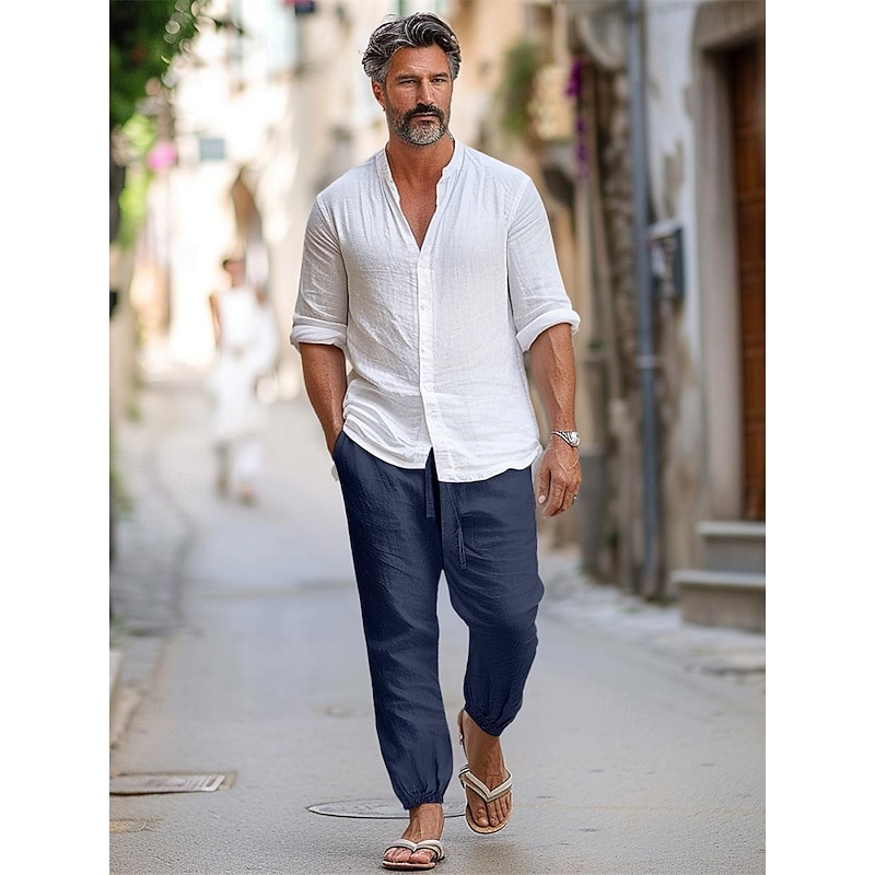 100% Linen Men's Linen Pants Trousers Summer Pants Drawstring Elastic Waist Elastic Cuff Plain Breathable Comfortable Daily Vacation Going out Classic Casual Black Navy Blue2
