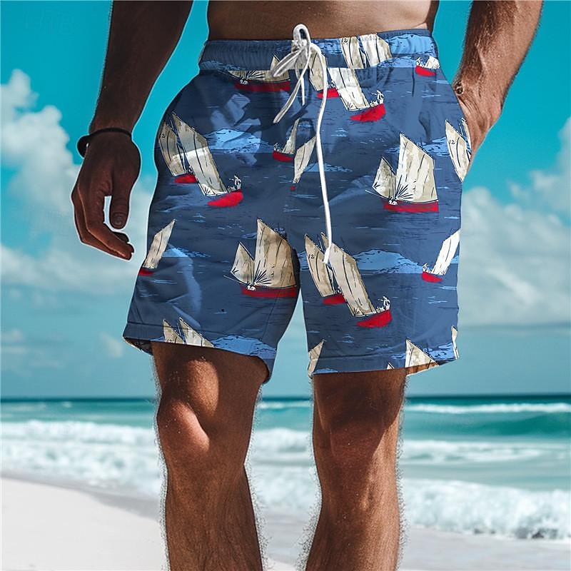 Men's Sailboat Swim Shorts Board Shorts Swimming Trunks Mid Waist Vacation Hawaiian Holiday Vacation Holiday Beach Drawstring with Mesh lining Elastic Waist Designer Clothing Apparel2