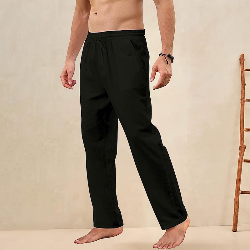 Men's Trousers Summer Pants Beach Pants Pocket Drawstring Straight Leg Plain Breathable Soft Full Length Home Casual Fashion Classic Loose Fit Black White Micro-elastic