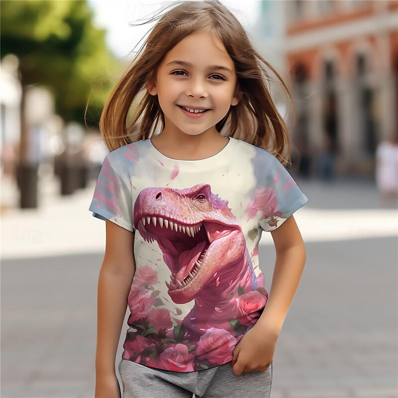 Girls' 3D Floral Dinosaur Tee Shirts Pink Short Sleeve 3D Print Summer Active Fashion Cute Polyester Kids 3-12 Years Crew Neck Outdoor Casual Daily Regular Fit