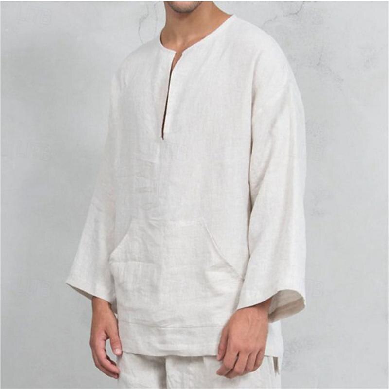 Men's Shirt Summer Shirt Casual Shirt Beach Shirt White Pink Navy Blue Long Sleeve Plain V Neck Vacation Hawaiian Clothing Apparel Cotton Cotton Blend Fashion Casual Comfortable2