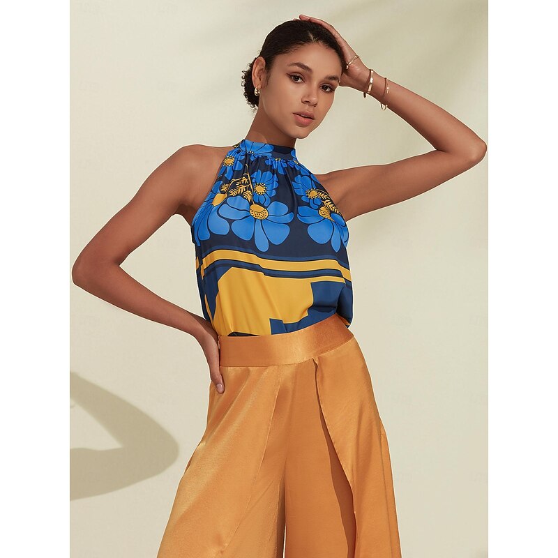 Women's Geometic Flower / Plants Vacation Weekend Sleeveless Blue Ruched Tie back / Tie front Sleeveless Blouses Tied Neck Summer