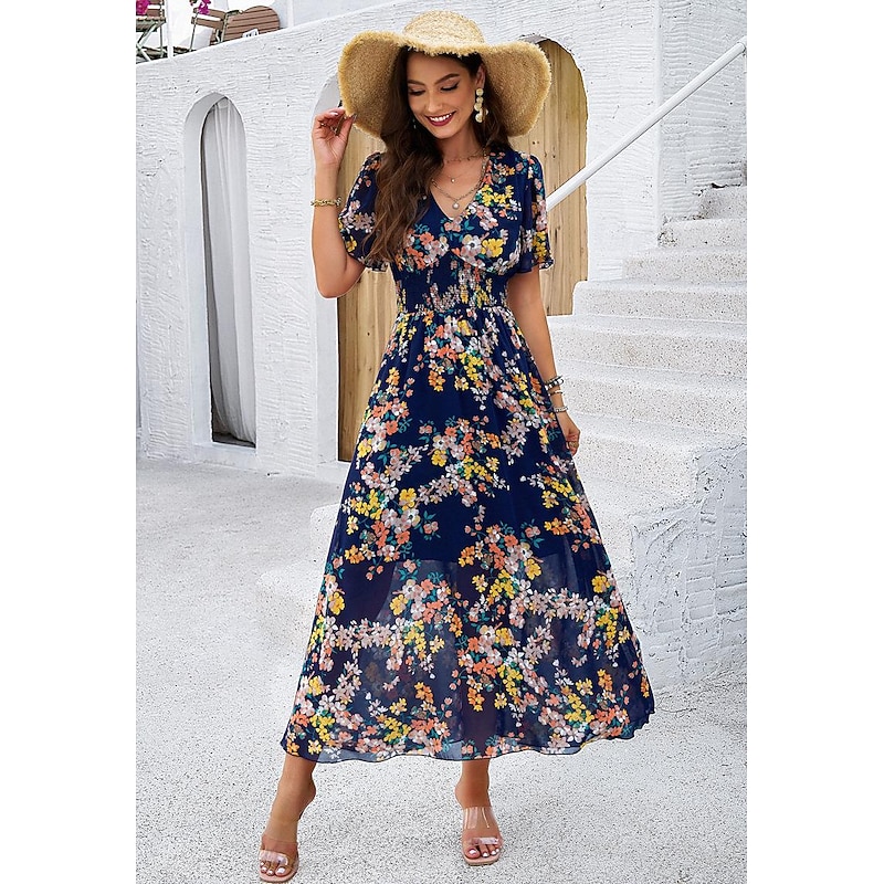 Women's Sheath Dress Chiffon Dress Sundress Floral Graphic Elastic Waist Print V Neck Cold Shoulder Long Dress Maxi Dress Elegant Tropical Party Date Short Sleeve Summer Spring 11