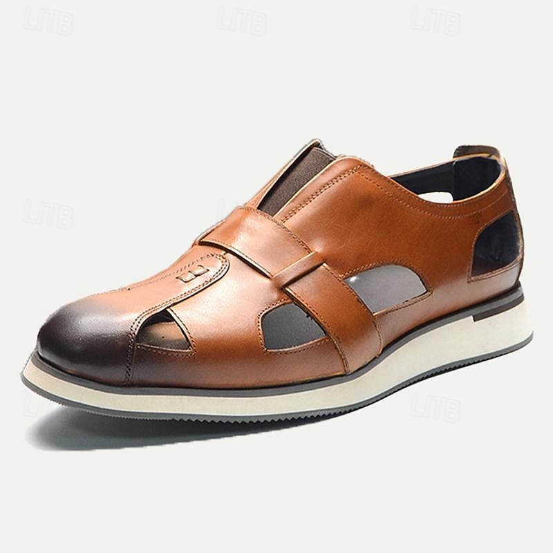 Men's Brown Leather Cut-Out Loafers Sandals - Breathable Slip-On Casual Shoes with Contrast Toe for Summer3