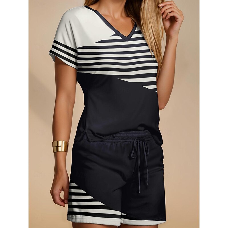 Women's Fashion T Shirt Shorts Sets Baggy Shorts Short Sleeve V Neck Striped Drawstring Print Casual Daily Black Pink Blue Summer Regular Fit