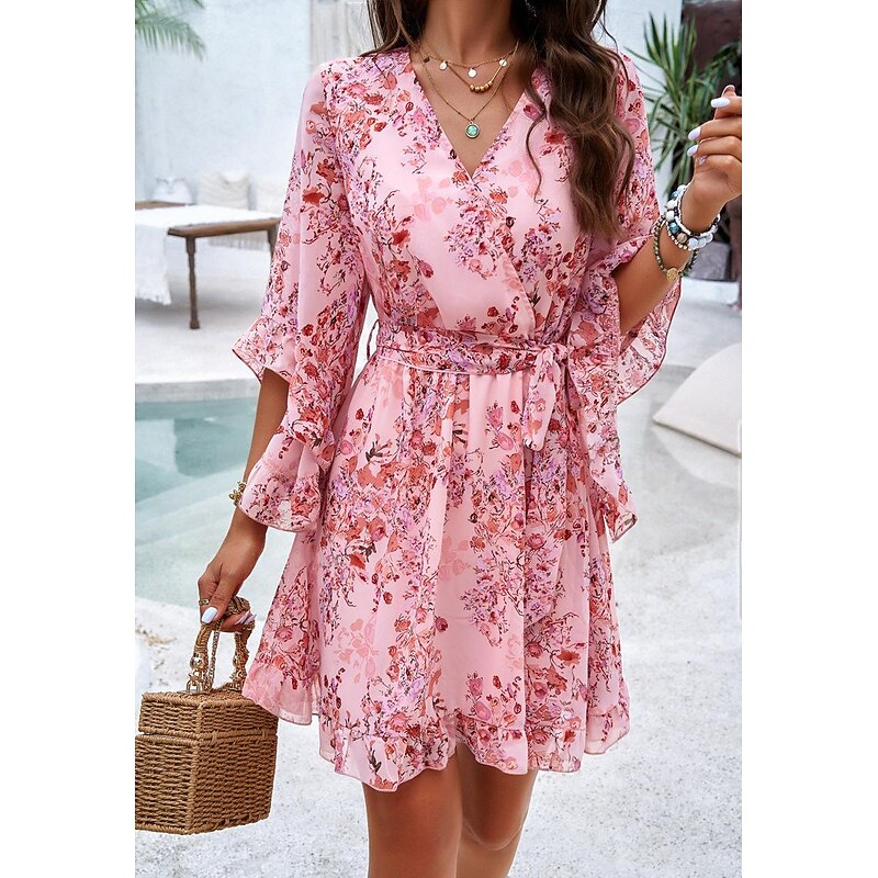 Women's Casual Dress Sheath Dress Sundress Rose 3D Print Tie Front Print V Neck Butterfly Sleeve Mini Dress Bohemia Cute Date Vacation Half Sleeve Summer Spring2