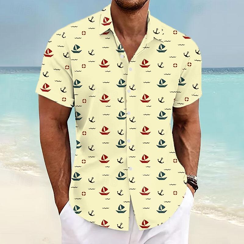Men's Sailboat Shirt Summer Hawaiian Shirt Aloha Shirt Short Sleeve Shirt Turndown Vacation Hawaiian Outdoor Vacation Hawaiian White Blue Green S M L3