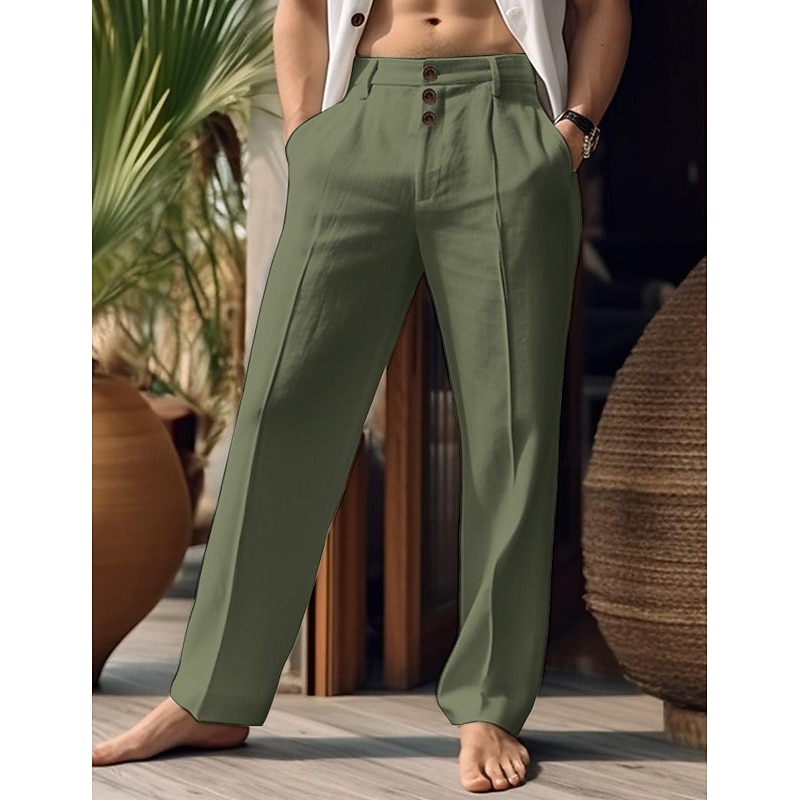 40% Linen Men's Linen Pants Trousers Summer Pants Buttons Pocket Straight Leg Plain Breathable Comfortable Vacation Office / Career Daily Classic Casual Black White2