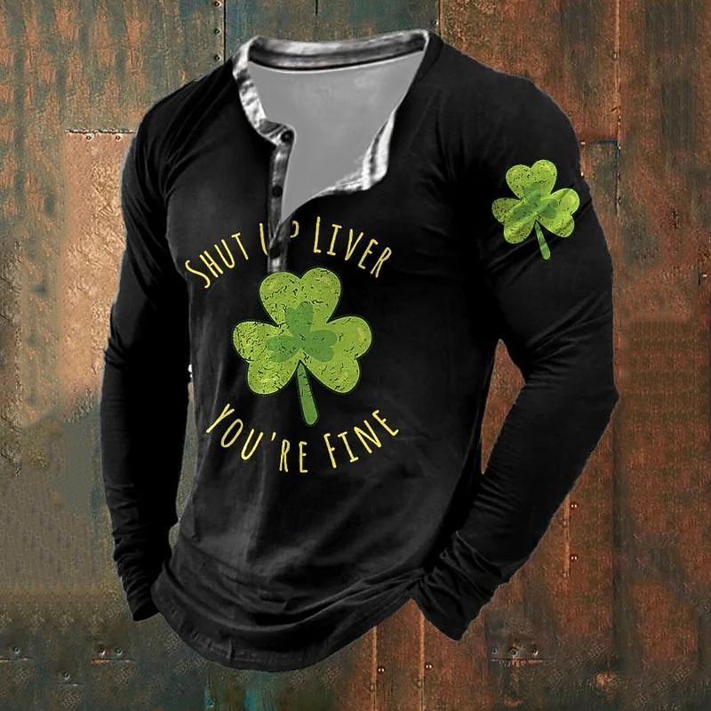 St Patrick St Paddy Shamrock Men's Casual Fashion Retro Vintage 3D Print T shirt Tee Henley Shirt Sports Outdoor Holiday Going out St. Patrick T shirt Black Red Brown Long Sleeve Henley Shirt