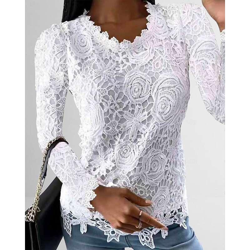 Women's Shirt Blouse White Eyelet Tops Black White Pink Plain Lace Long Sleeve Work Streetwear Casual Round Neck Regular Floral S