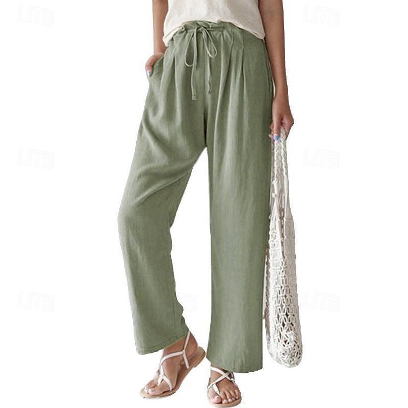 Women's Pants Trousers Linen Cotton Blend Side Pockets Plain Full Length Black Spring & Summer3