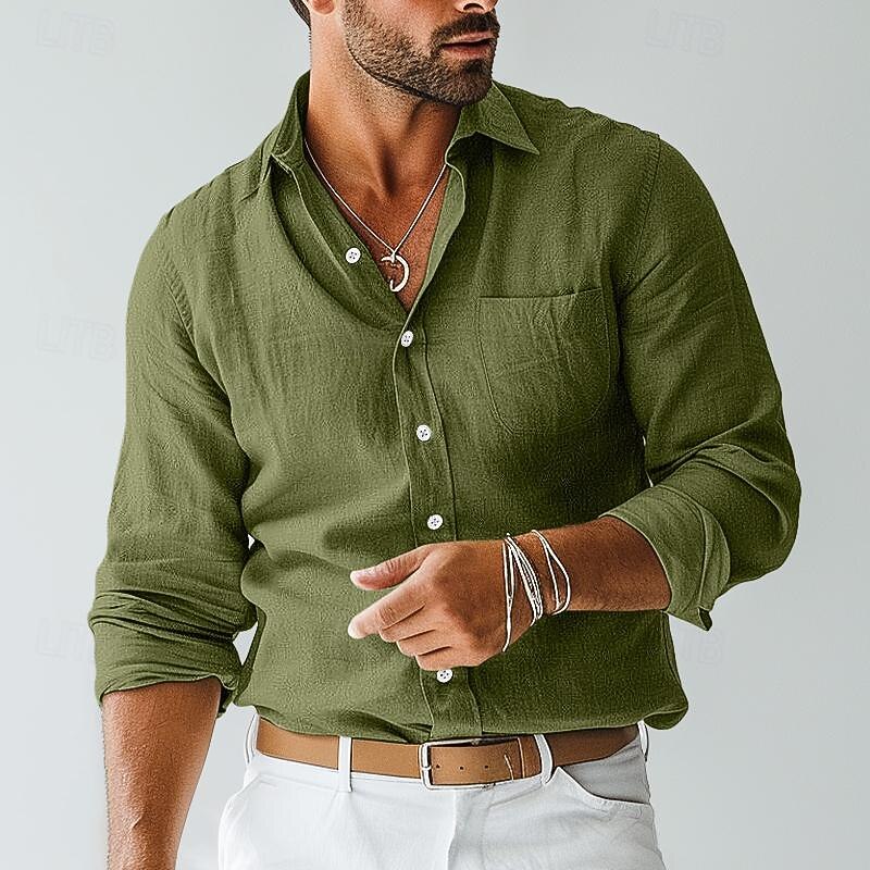 Men's Shirt Linen Shirt Summer Shirt Beach Wear Button Up Shirt Plain Vacation Casual Black Blue Brown Khaki Long Sleeve Lapel Spring & Summer Clothing Apparel Pocket