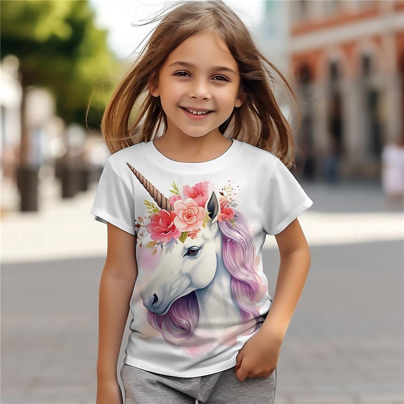 Girls' 3D Unicorn Tee Shirts Pink Short Sleeve 3D Print Summer Active Fashion Cute Polyester Kids 3-12 Years Crew Neck Outdoor Casual Daily Regular Fit2