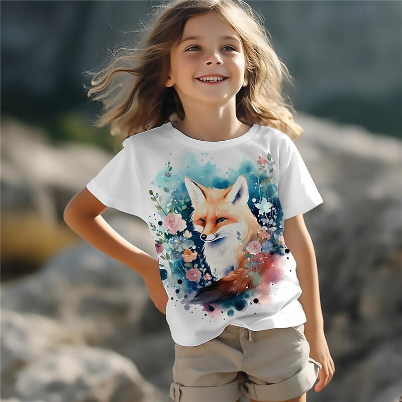 Girls' 3D Cartoon Fox Tee Shirts Short Sleeve 3D Print Summer Active Fashion Cute Kids 3-12 Years Crew Neck Outdoor Casual Daily Regular Fit2