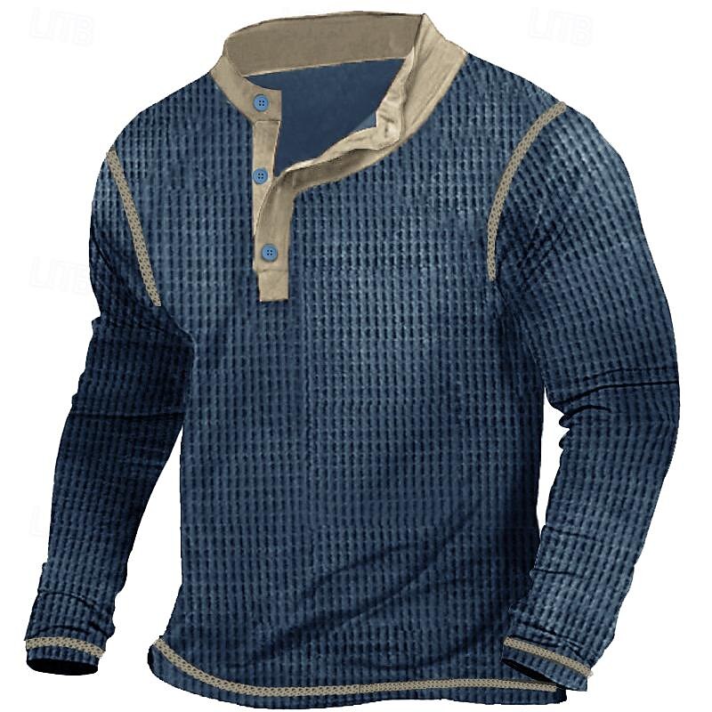 Men's T shirt Tee Waffle Henley Shirt Henley Shirt Tee Top Long Sleeve Shirt Patchwork Henley Street Vacation Long Sleeve Patchwork Clothing Apparel Fashion Designer Basic2