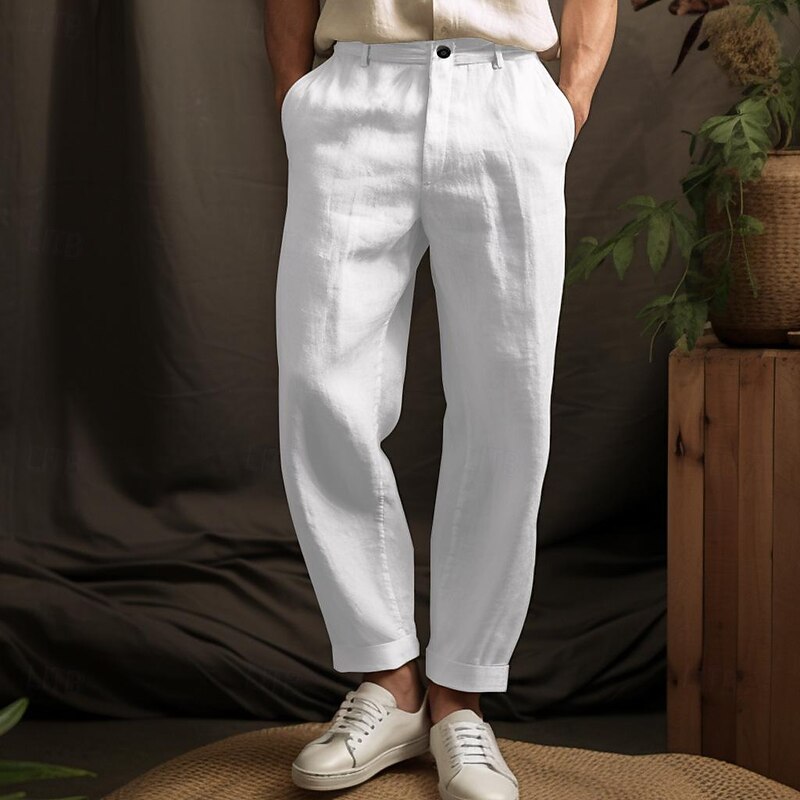 40% Linen Men's Linen Pants Trousers Summer Pants Button Up Pocket Plain Breathable Comfortable Office / Career Daily Vacation Classic Casual Black White2