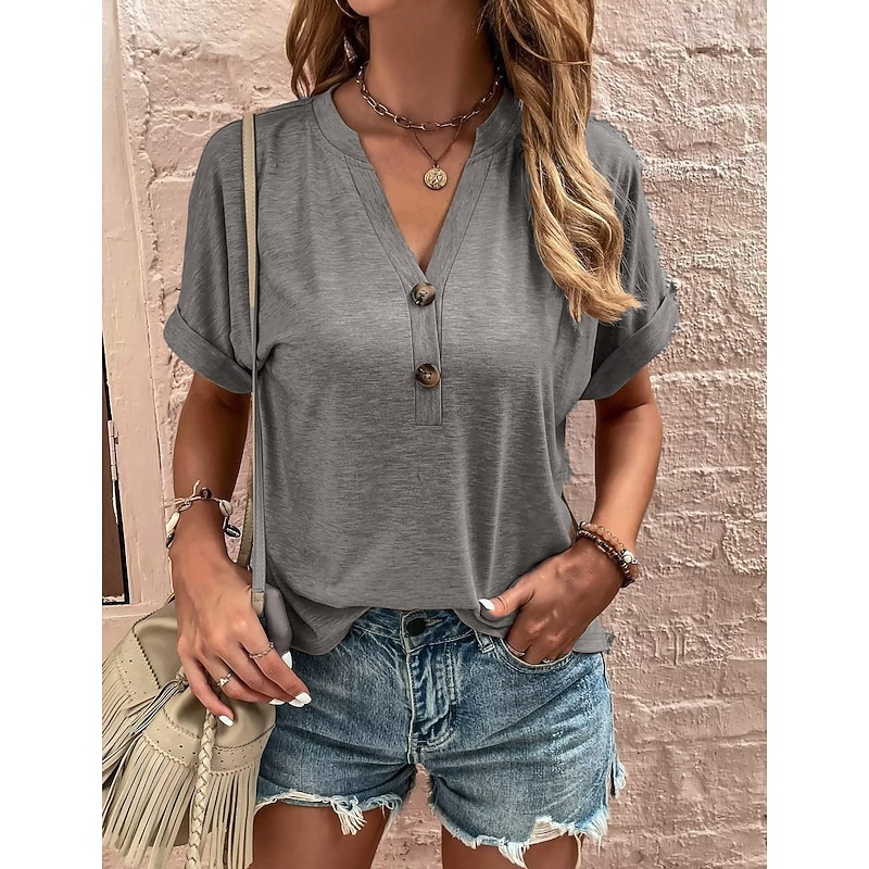 Shirt Blouse Women's Black Pink Navy Blue Solid Color Button Street Daily Fashion V Neck S