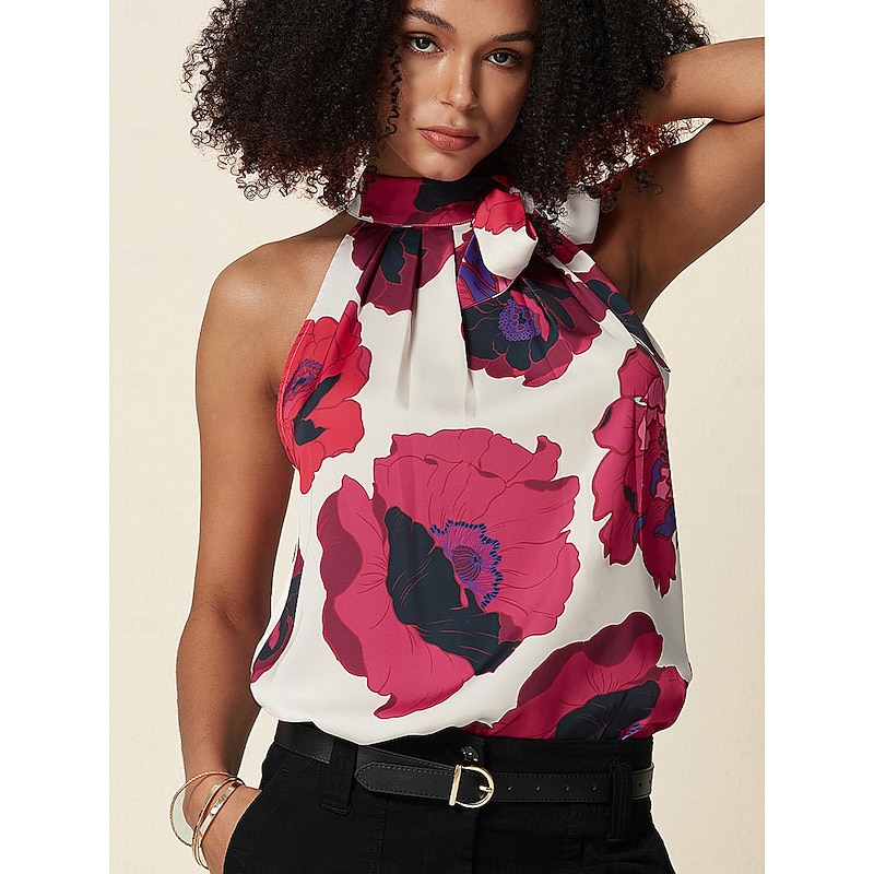 Women's Floral Print Halter Top Shirt Tank Top Casual Stain Tie Neck Sleeveless Vest 7
