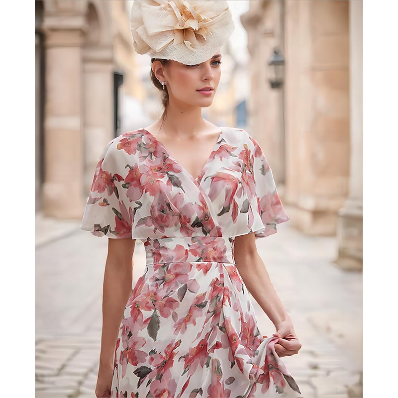 A-Line Mother of the Bride Dress Formal Wedding Guest Elegant Casual High Low V Neck Asymmetrical Ankle Length Chiffon Short Sleeve with Cascading Ruffles Wedding Guest Dress2